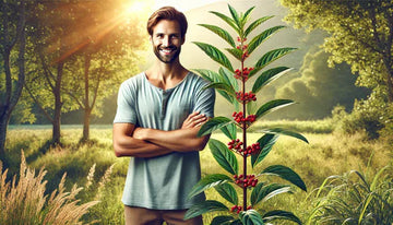 An illustration of a healthy, relaxed man in his early 30s, standing confidently next to a vibrant ashwagandha plant laden with leaves and red berries.