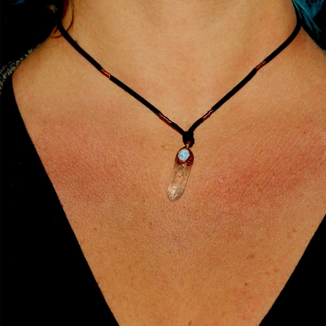 Rainbow Moonstone and Brandberg Smoky Quartz Crystal Pendant