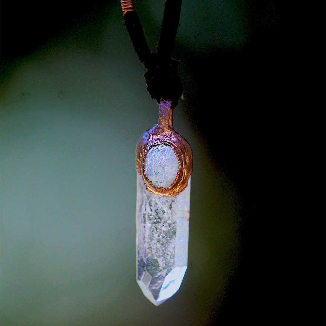 Rainbow Moonstone and Brandberg Smoky Quartz Crystal Pendant