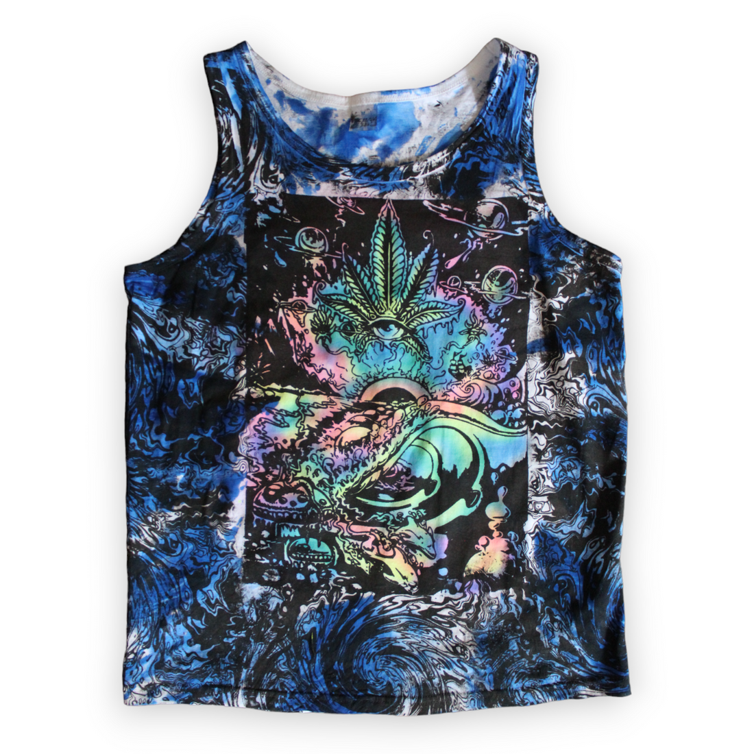 Hand-painted psychedelic cannabis swirl tie dye tank