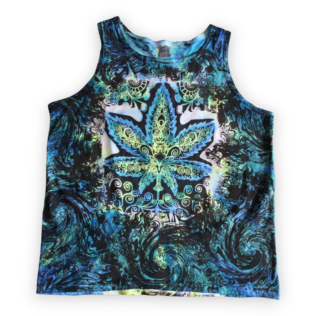 Hand-painted cannabis leaf oceanic tie dye tank 