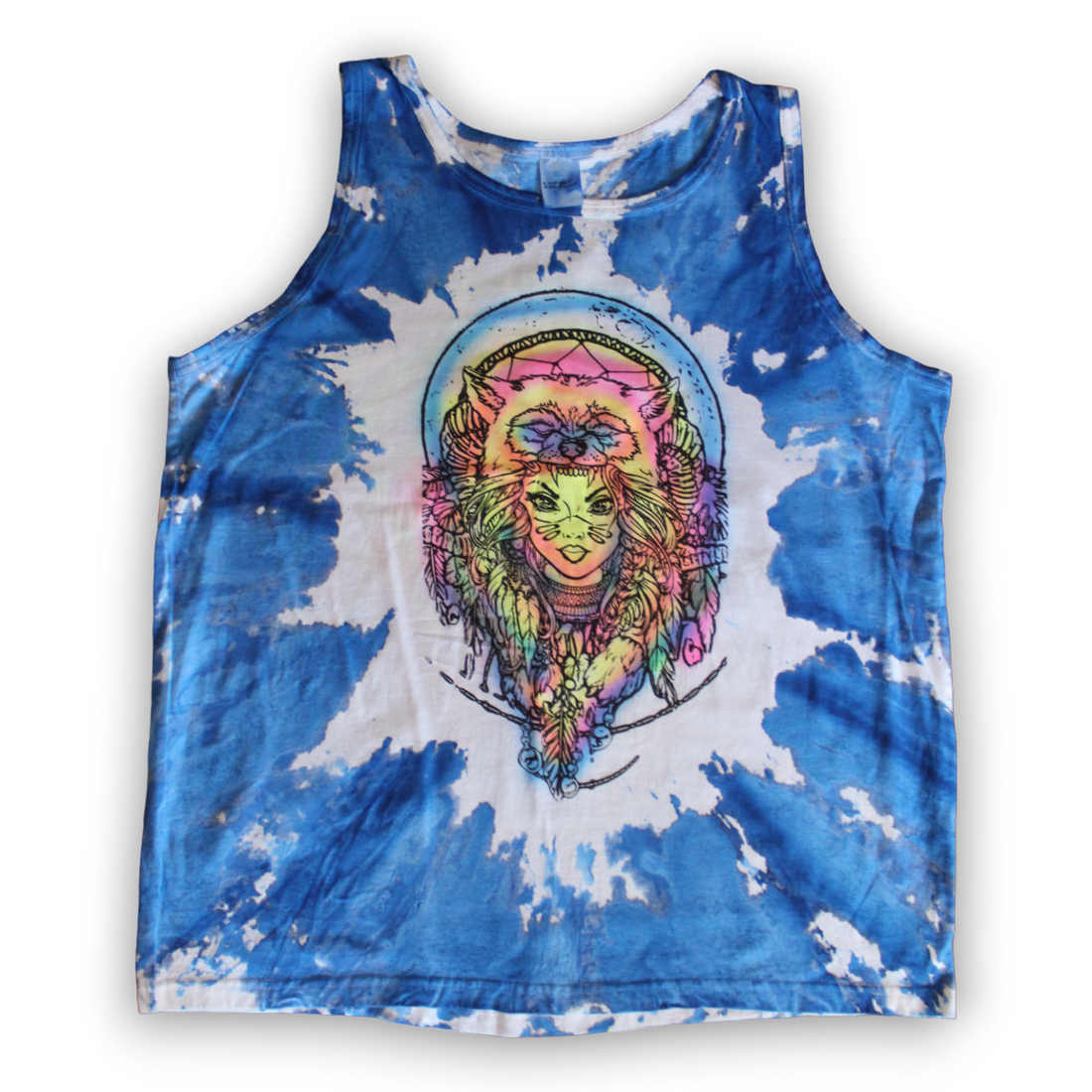 Hand-painted boho spirit wolf tie dye tank