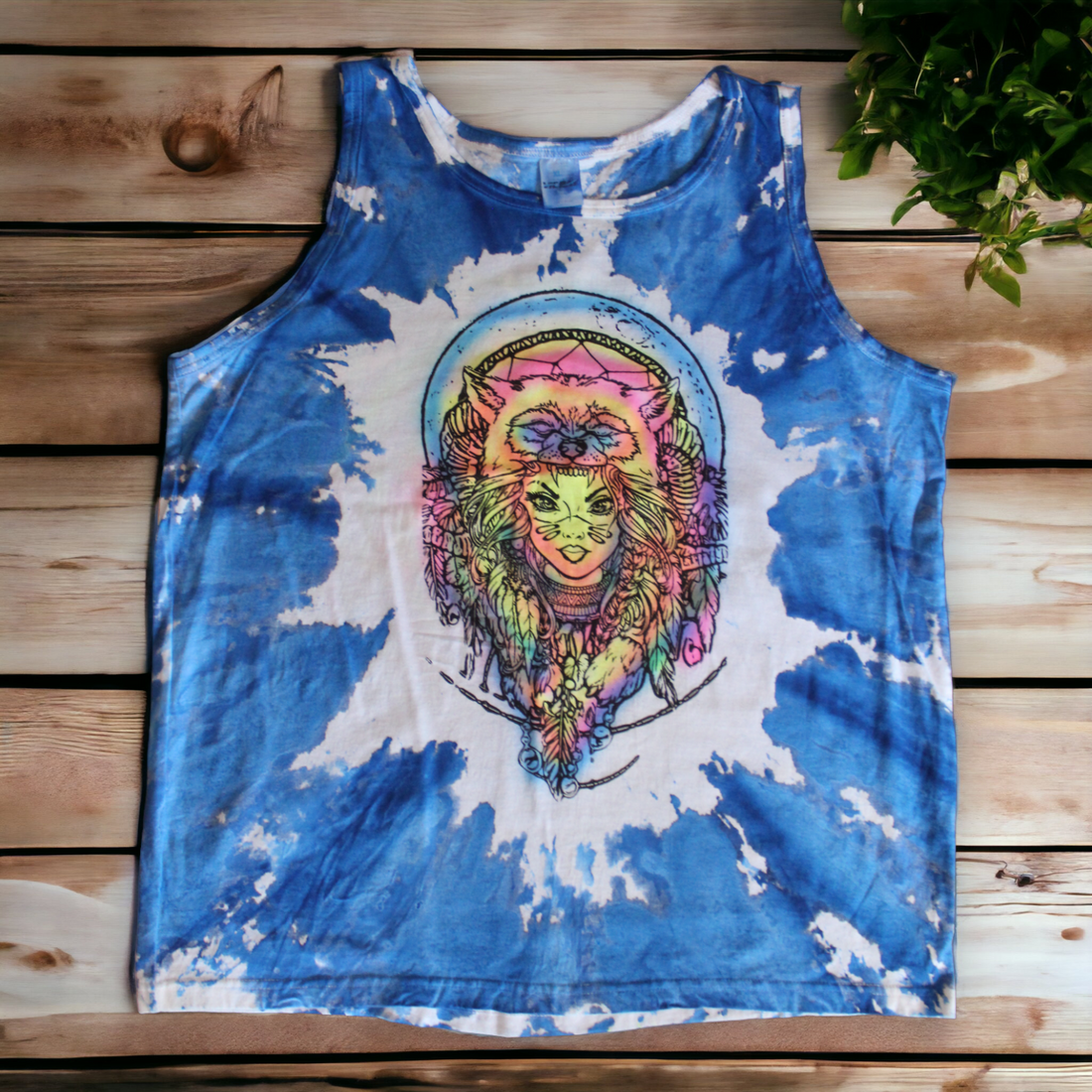 Hand-painted boho spirit wolf tie dye tank