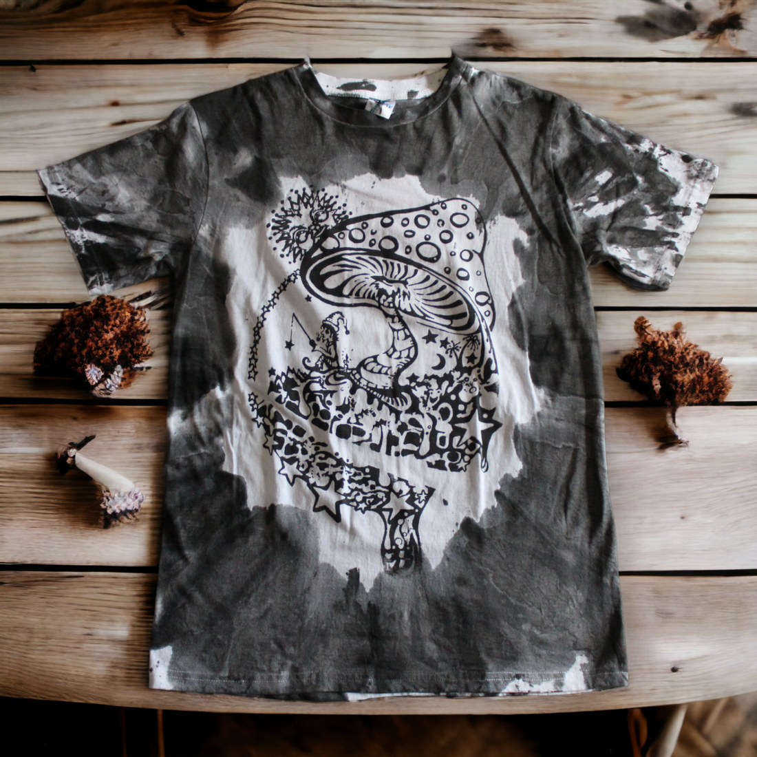 Monochrome mushroom hand-painted tie dye shirt 