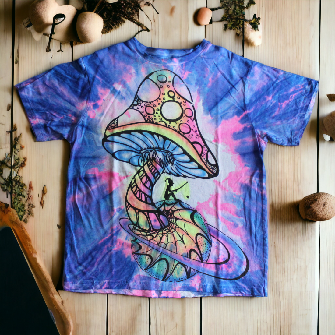 Psychedelic hand-painted mushroom tie dye shirt