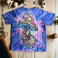 Men's vibrant tie dye tee with mushroom art