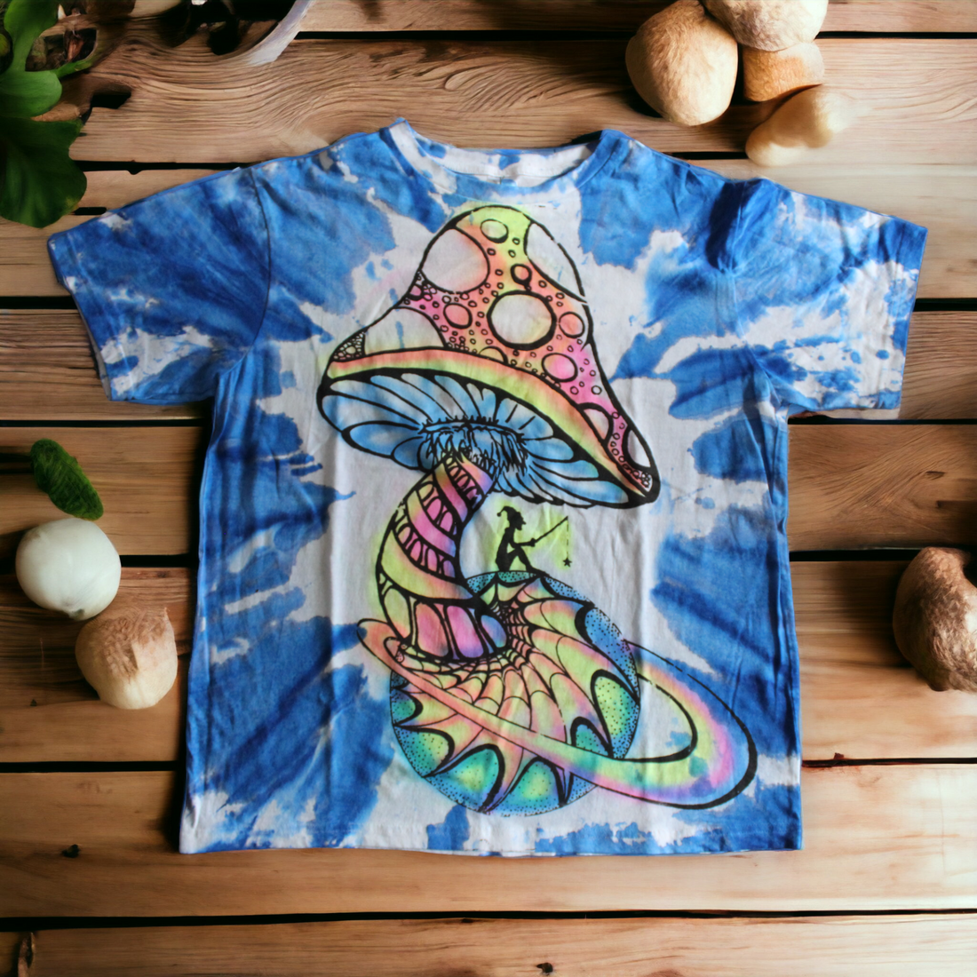 Hand-painted mystical mushroom tie dye shirt