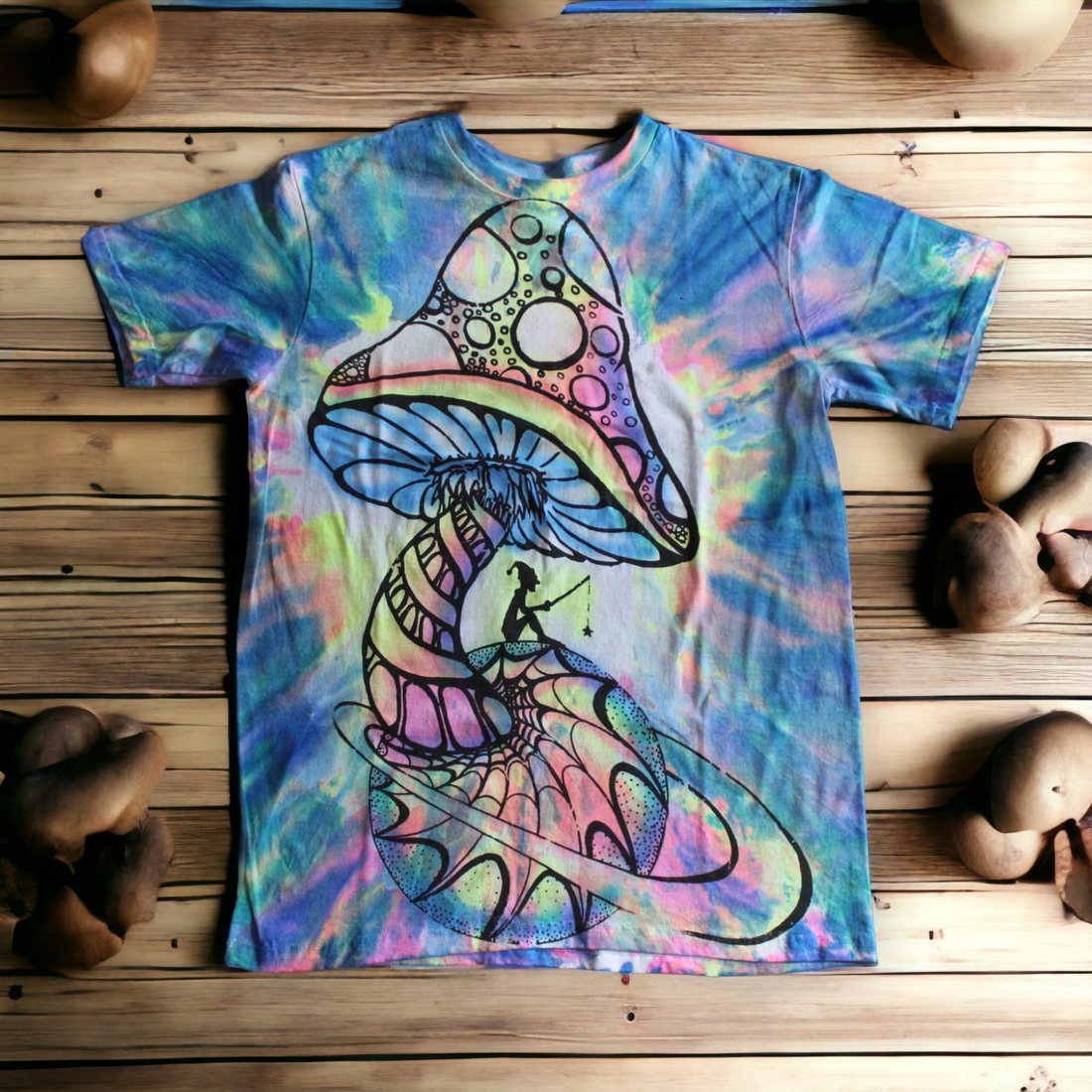 Hand-painted psychedelic mushroom tie dye shirt