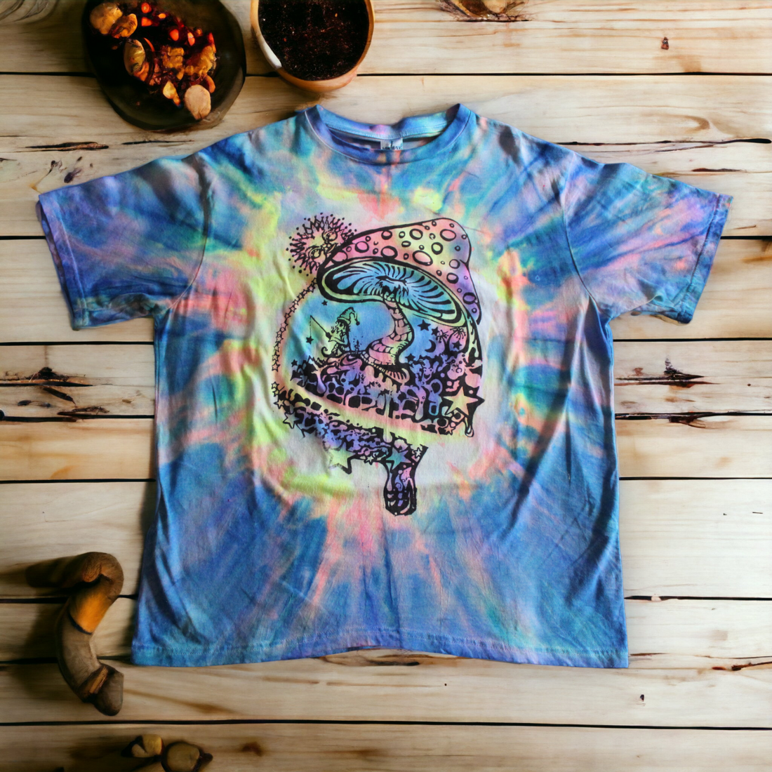 Hand-painted psychedelic mushroom world tie dye shirt