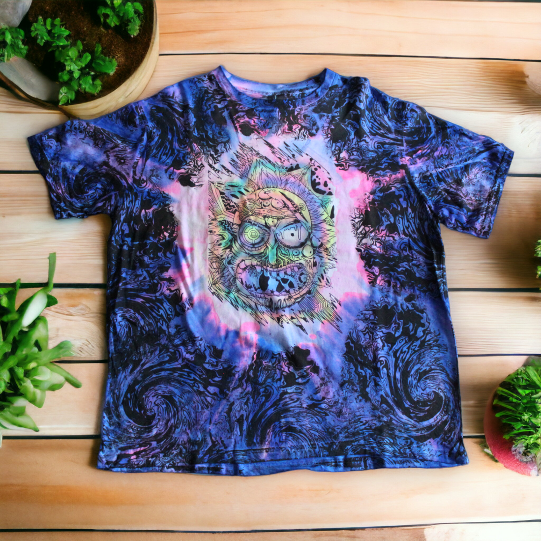 Cosmic blue tie dye shirt with hand-painted image