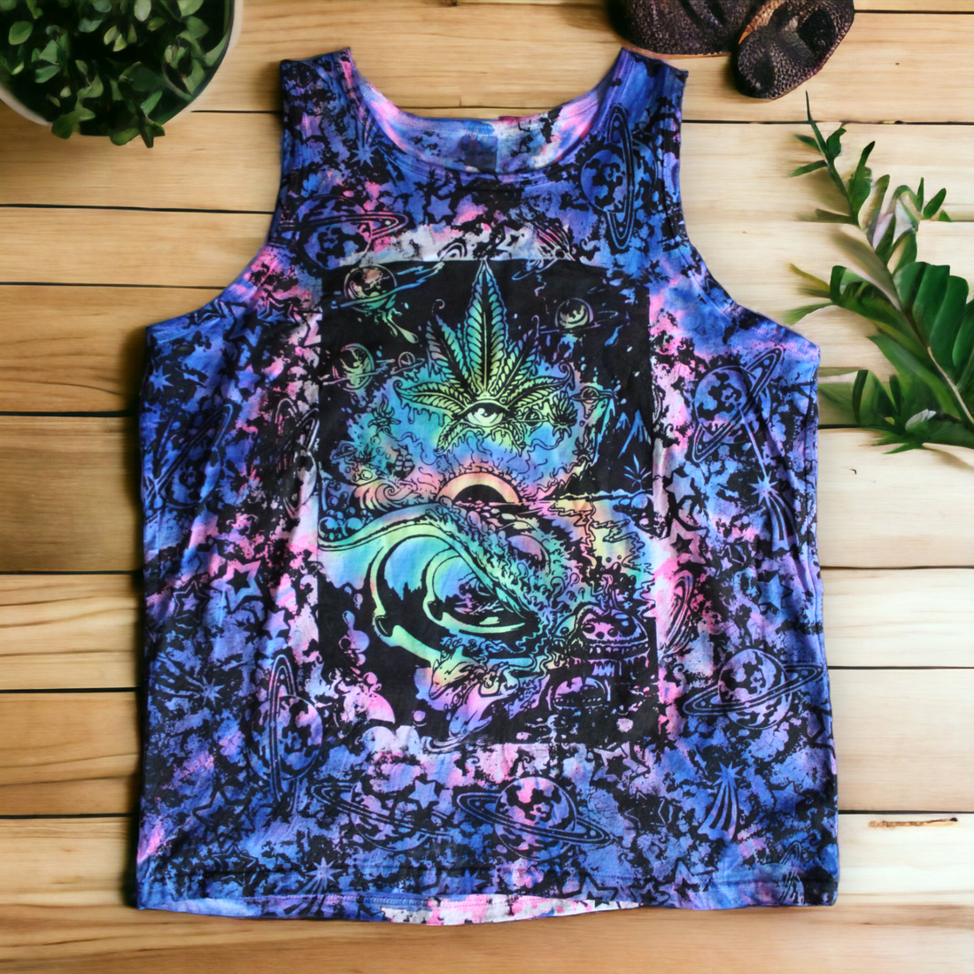 Hand-painted interstellar cannabis nebula tank top 