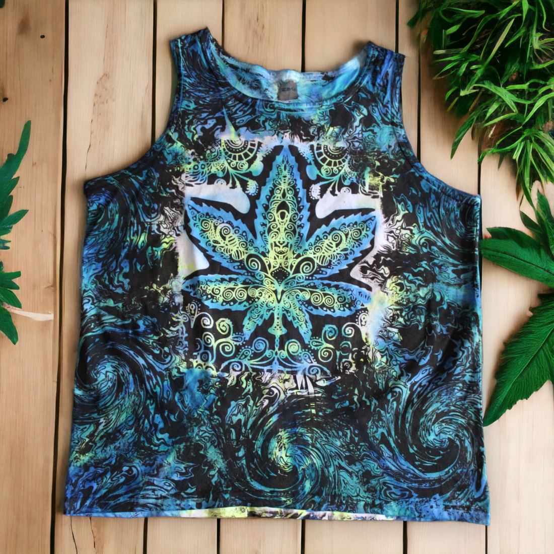 Hand-painted cannabis leaf oceanic tie dye tank 