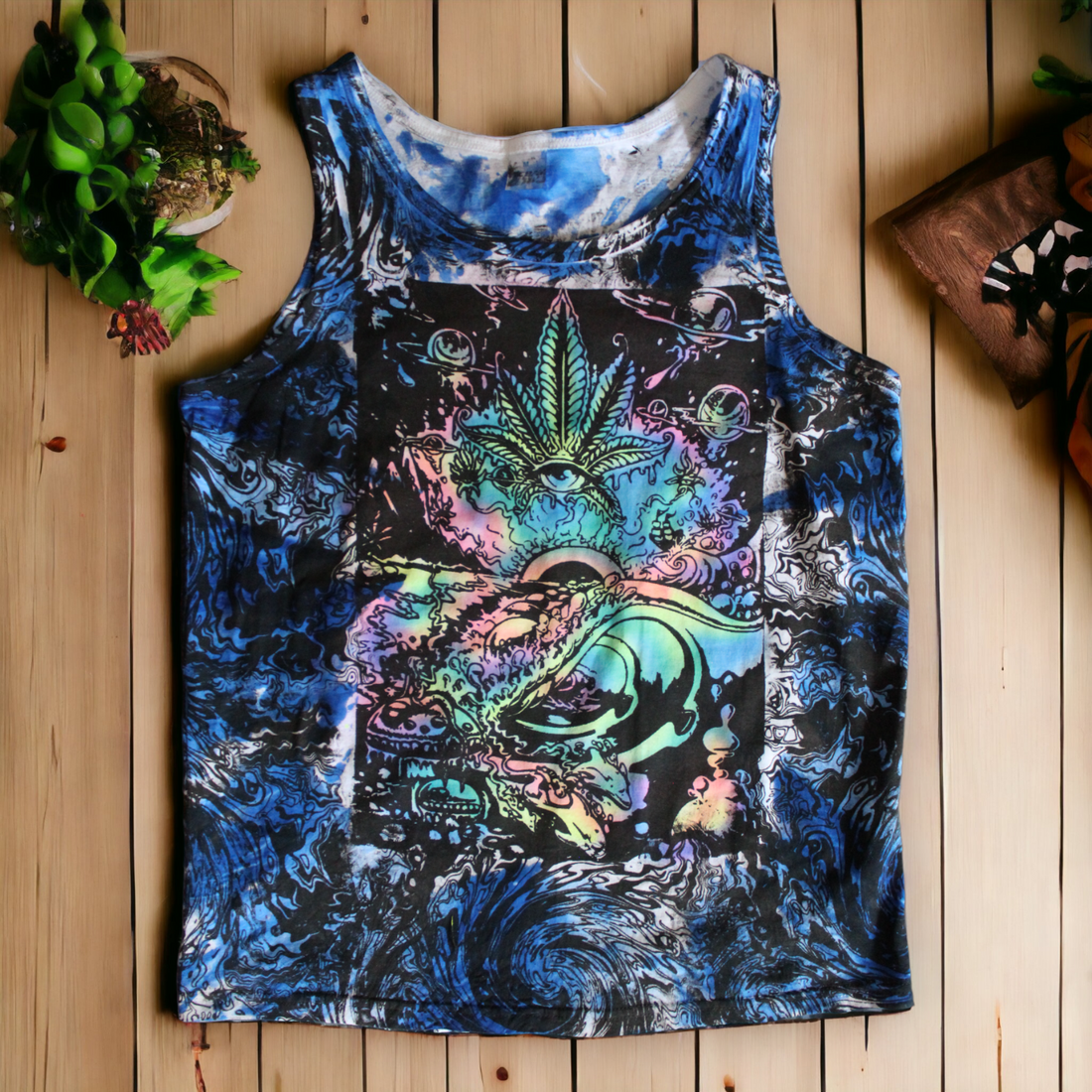 Hand-painted psychedelic cannabis swirl tie dye tank