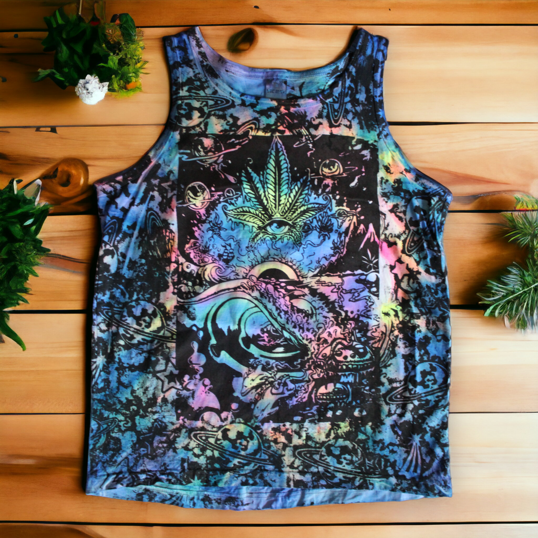 Hand-painted cosmic cannabis aura tie dye tank