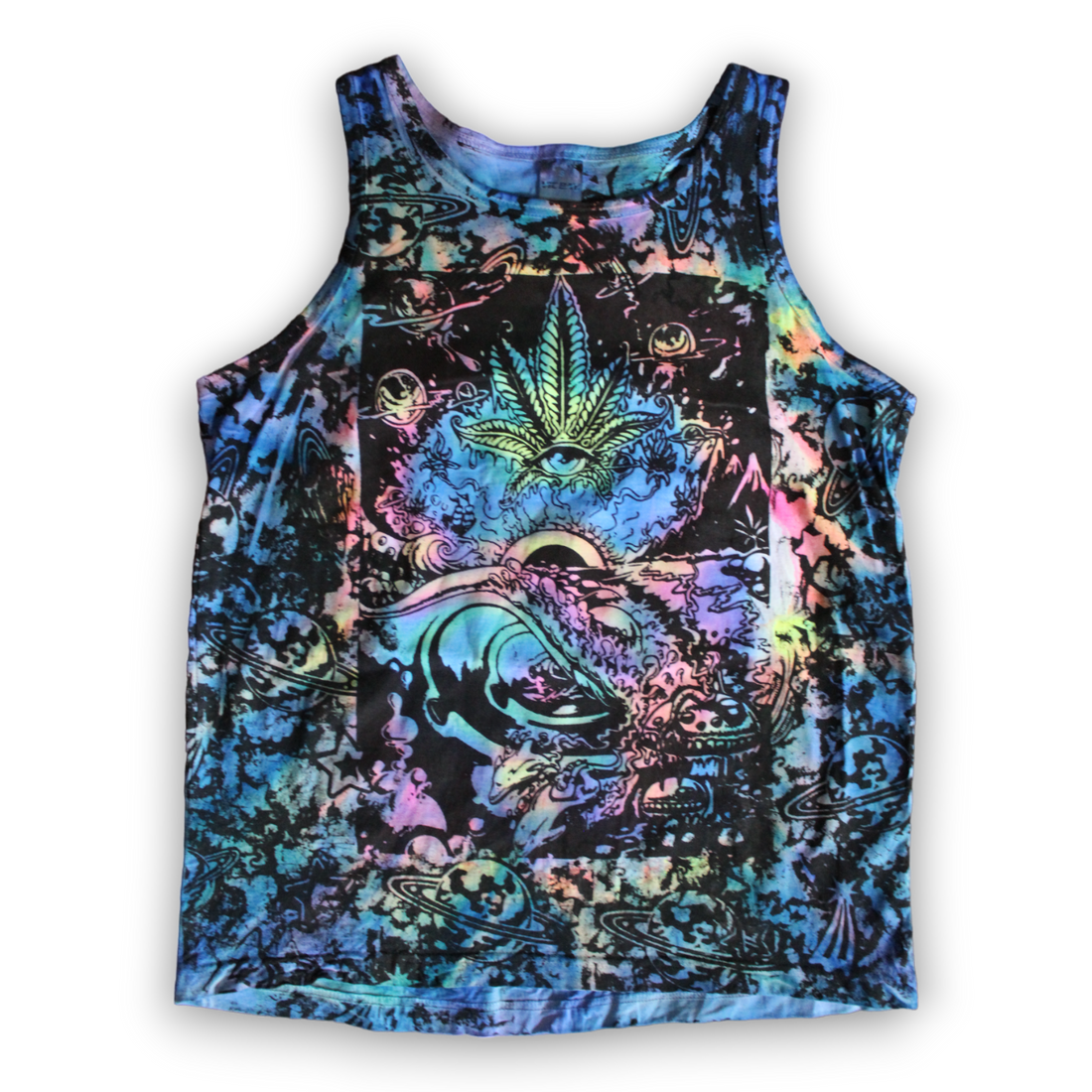 Hand-painted cosmic cannabis aura tie dye tank