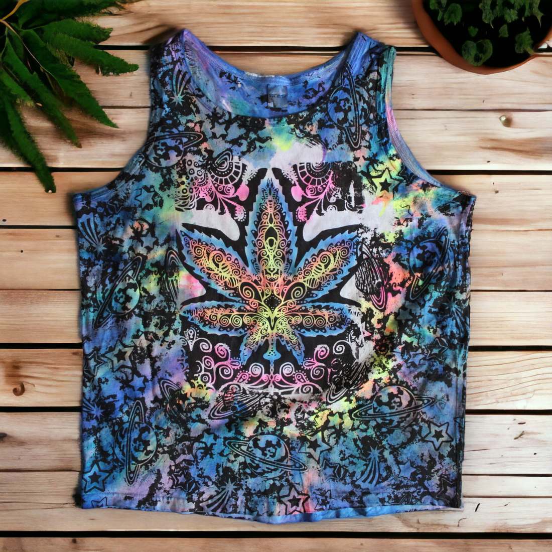 Hand-painted cosmic cannabis leaf tie dye tank 