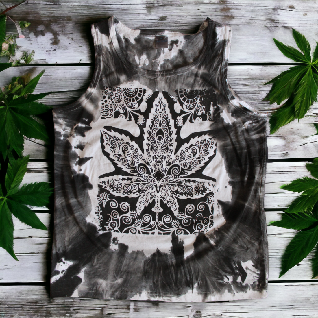 Hand-painted monochrome cannabis leaf tank top 