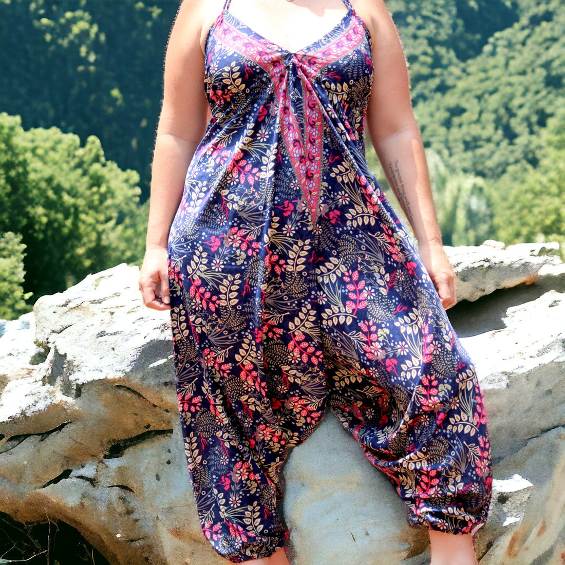 Floral Fantasy Boho Jumpsuit - Thin straps - Fits sizes S to L with ease