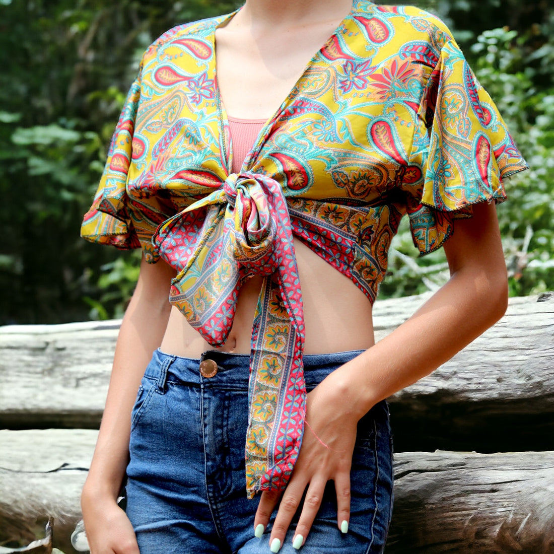 Sun-Kissed Silk Wrap Shirt - Short Sleeve Sun-Kissed Silk Wrap Shirt: Secret Sense's Radiant Charm  Fits sizes S to M with ease