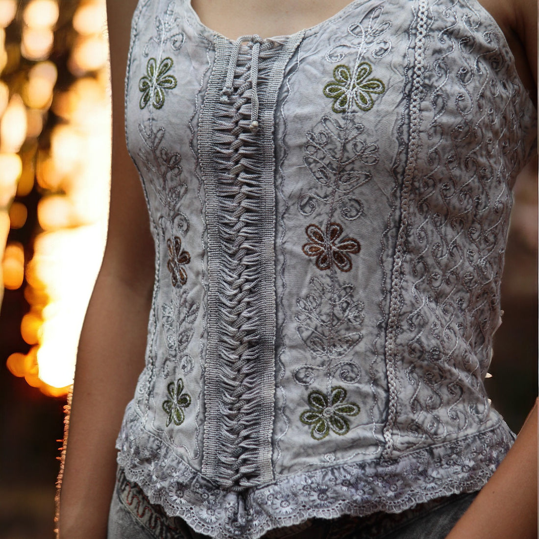 Grey Embroidered Boho Corset Top