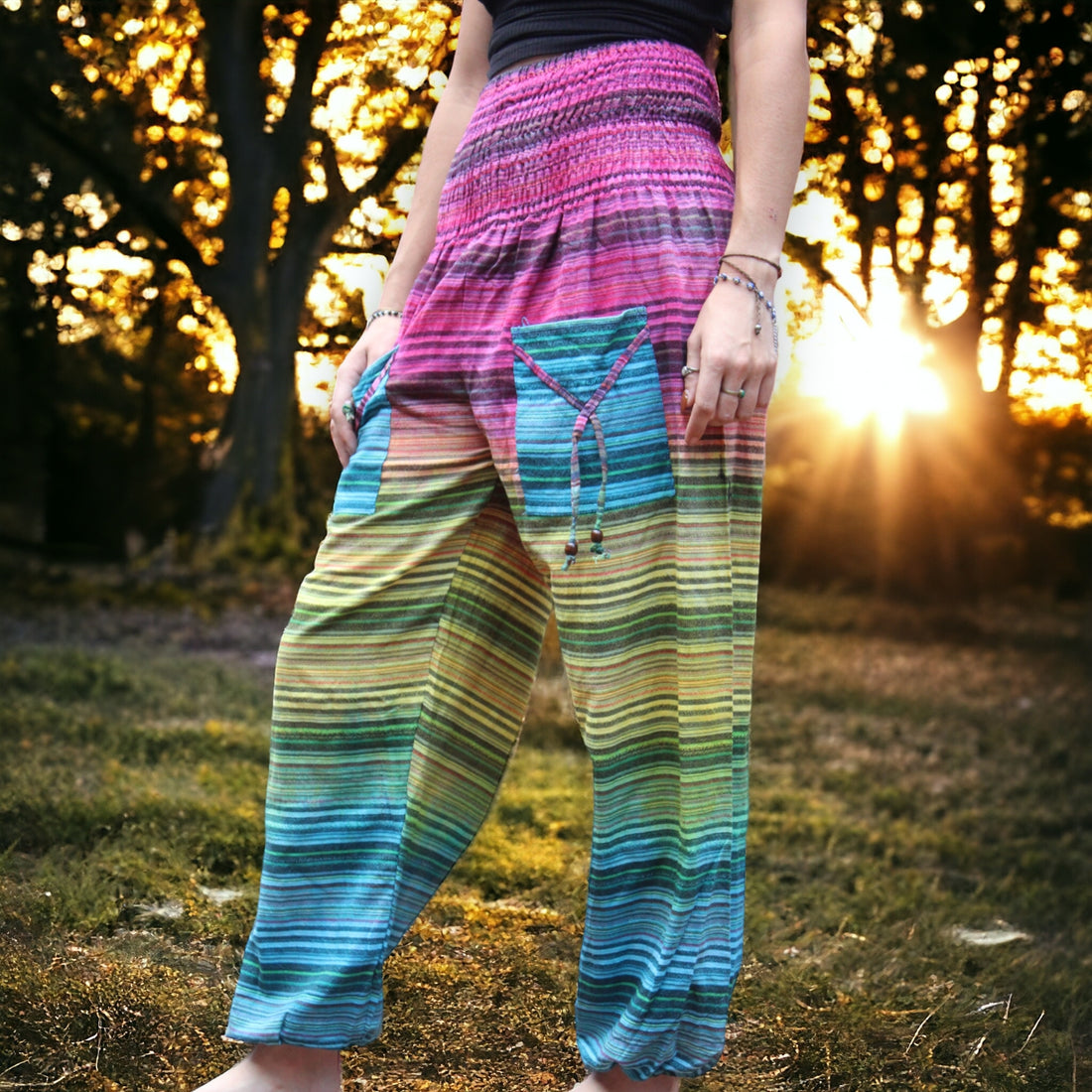 Woman basking in the glow of the sunset wearing Secret Sense Striped Cotton Harem Pants