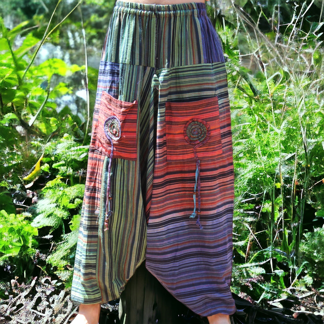 Secret Sense Whimsical Wanderer Cotton Harem Pants in lush garden setting